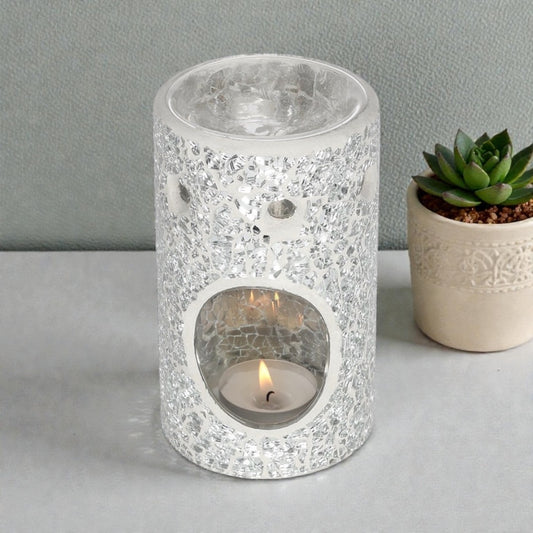 Silver pillar crackle glass oil burner & wax warmer