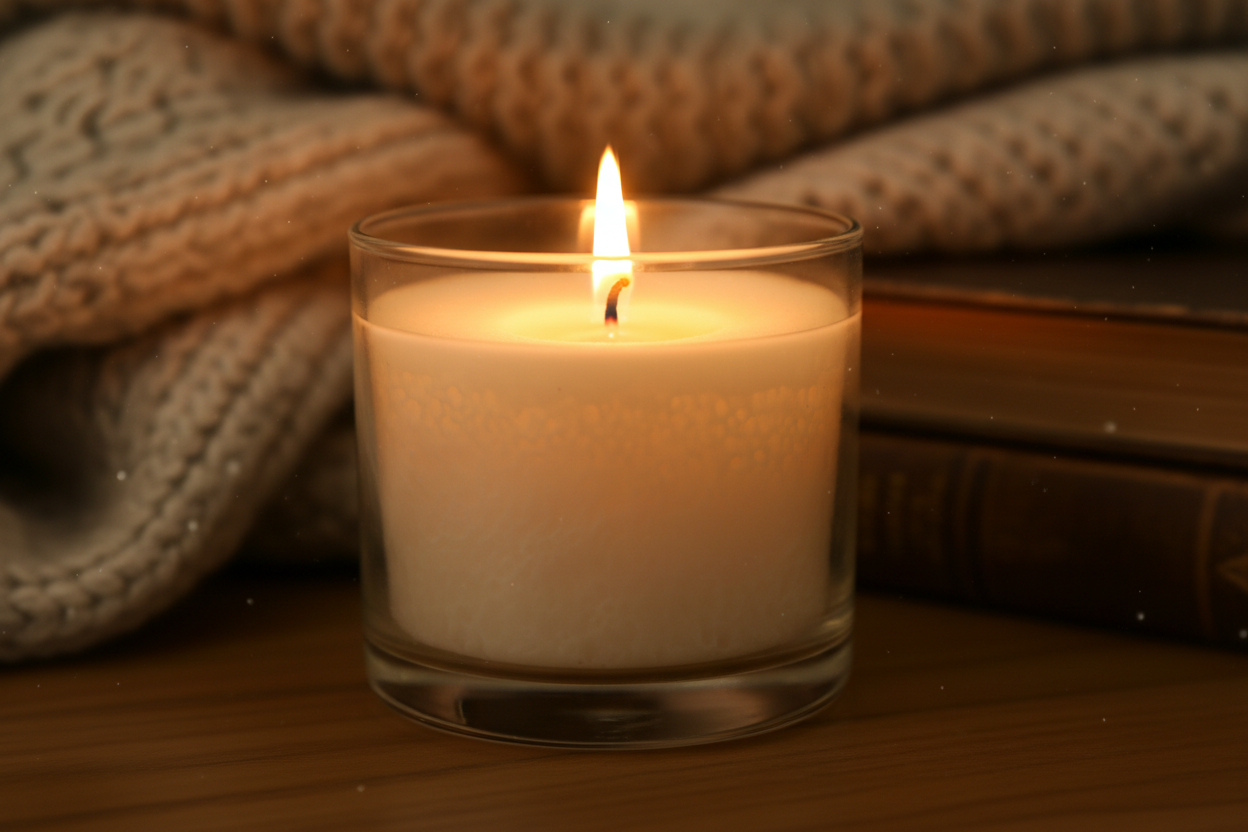 close up of a cream candle in a glass jar with a flickering flame