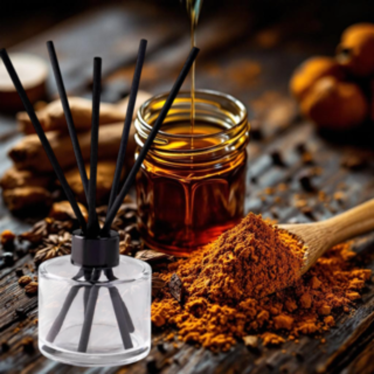 Dark honey and tobacco fragranced vegan reed diffuser