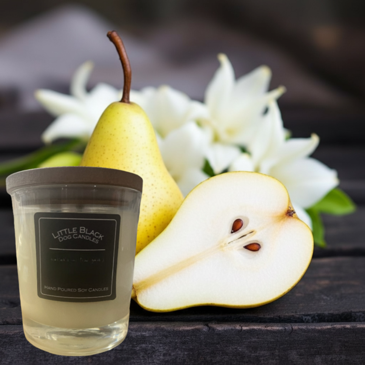 Pear and Freesia fragranced soy wax candle